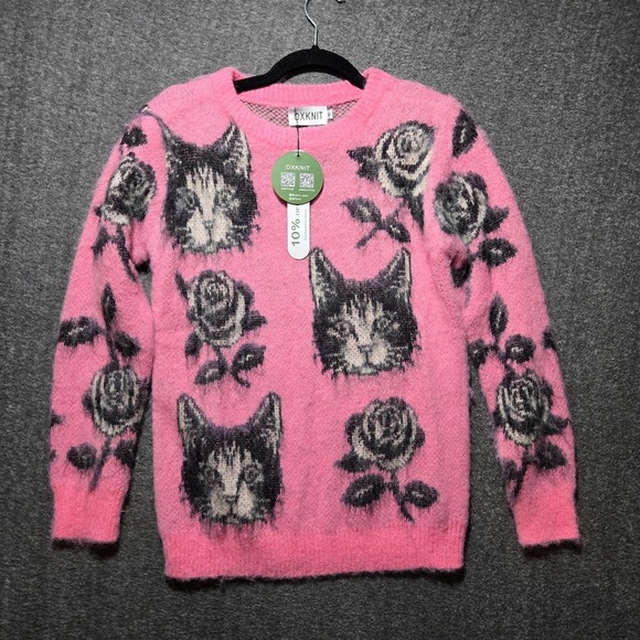 OXKnit Sweaters - Oxknit Women's Fuzzy Pink Cat Rose Long Sleeve Sweater Size M New With Tags